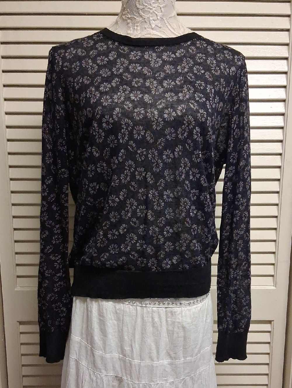 LOFT Navy Trandy Floral Long-Sleeve Mesh Pullover Top SzXL